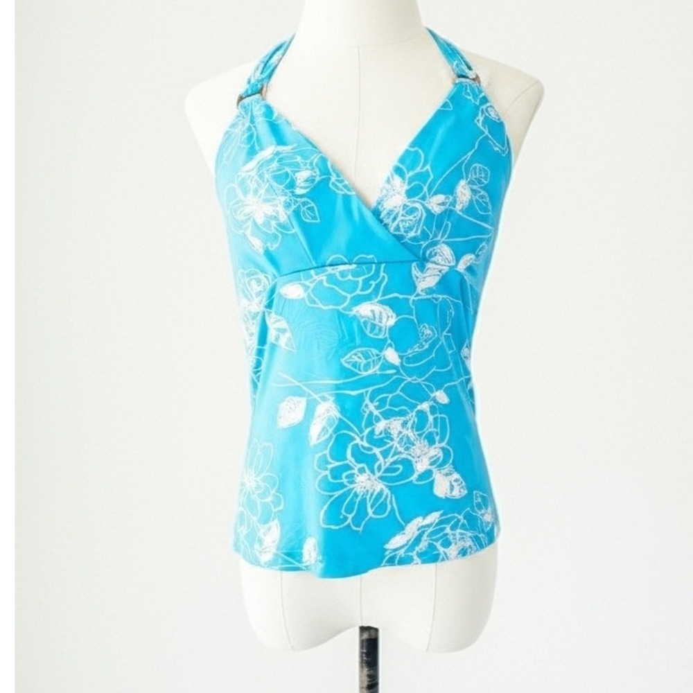 Vintage Y2K Blue Floral Halter Top Tropical V-Neck USA